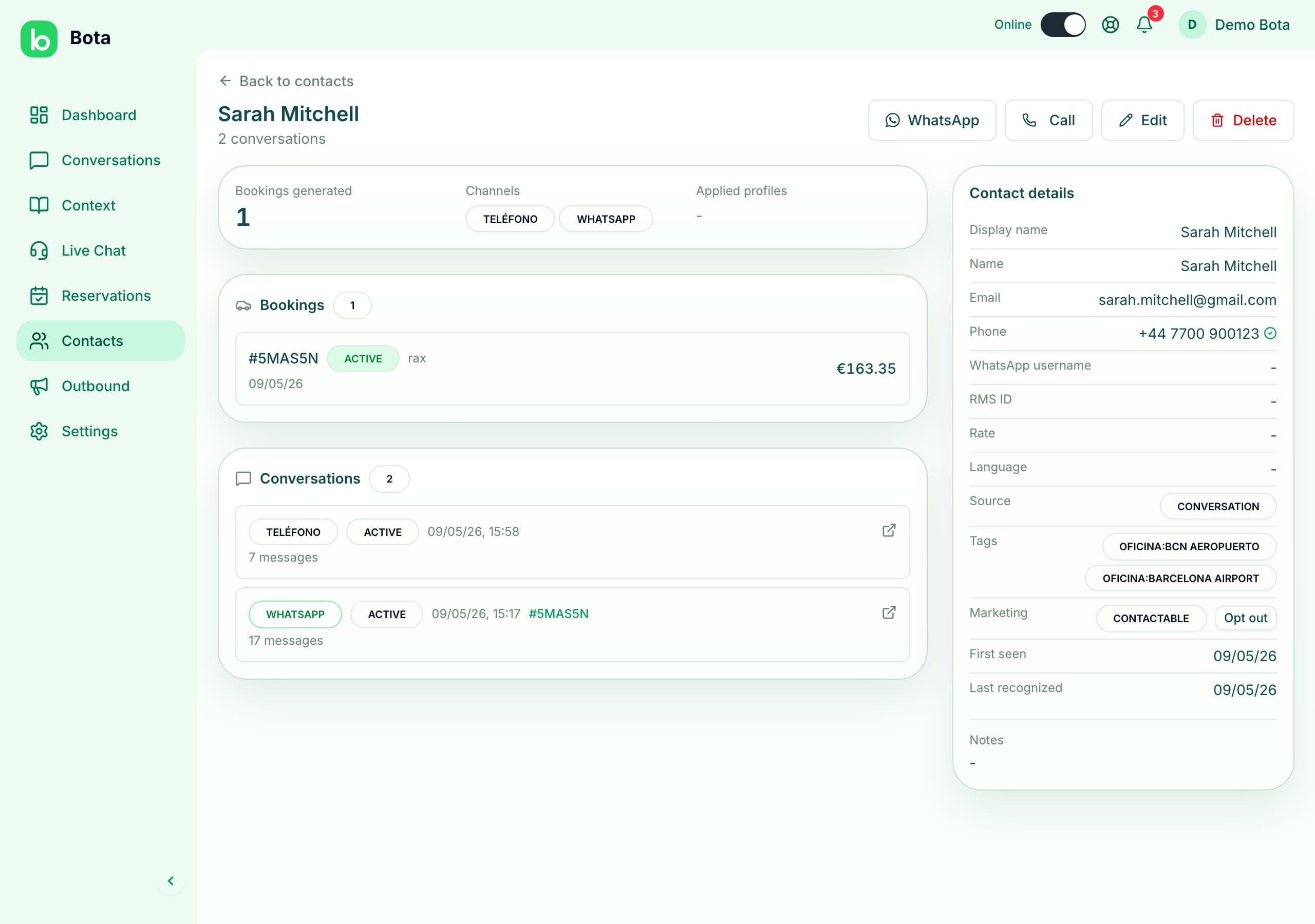 A customer record in Bota: bookings generated, channels used, their phone and WhatsApp conversations and contact details