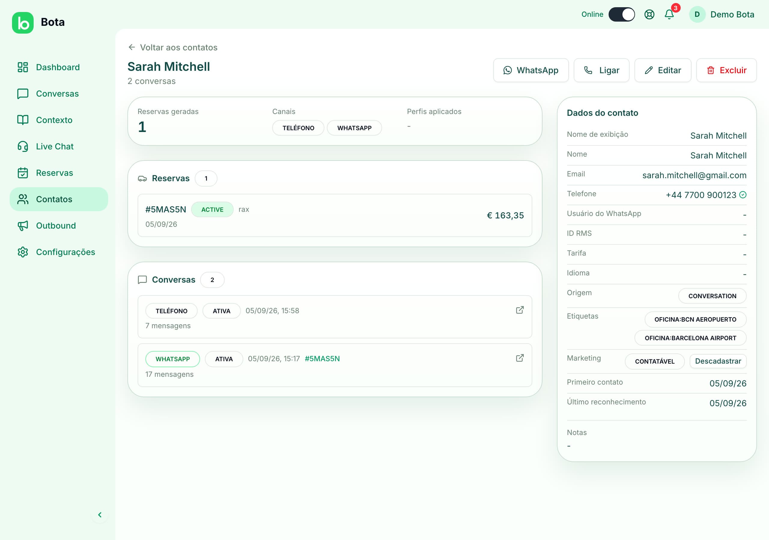 Ficha de um cliente no Bota: reservas geradas, canais usados, suas conversas por telefone e WhatsApp e os dados de contato