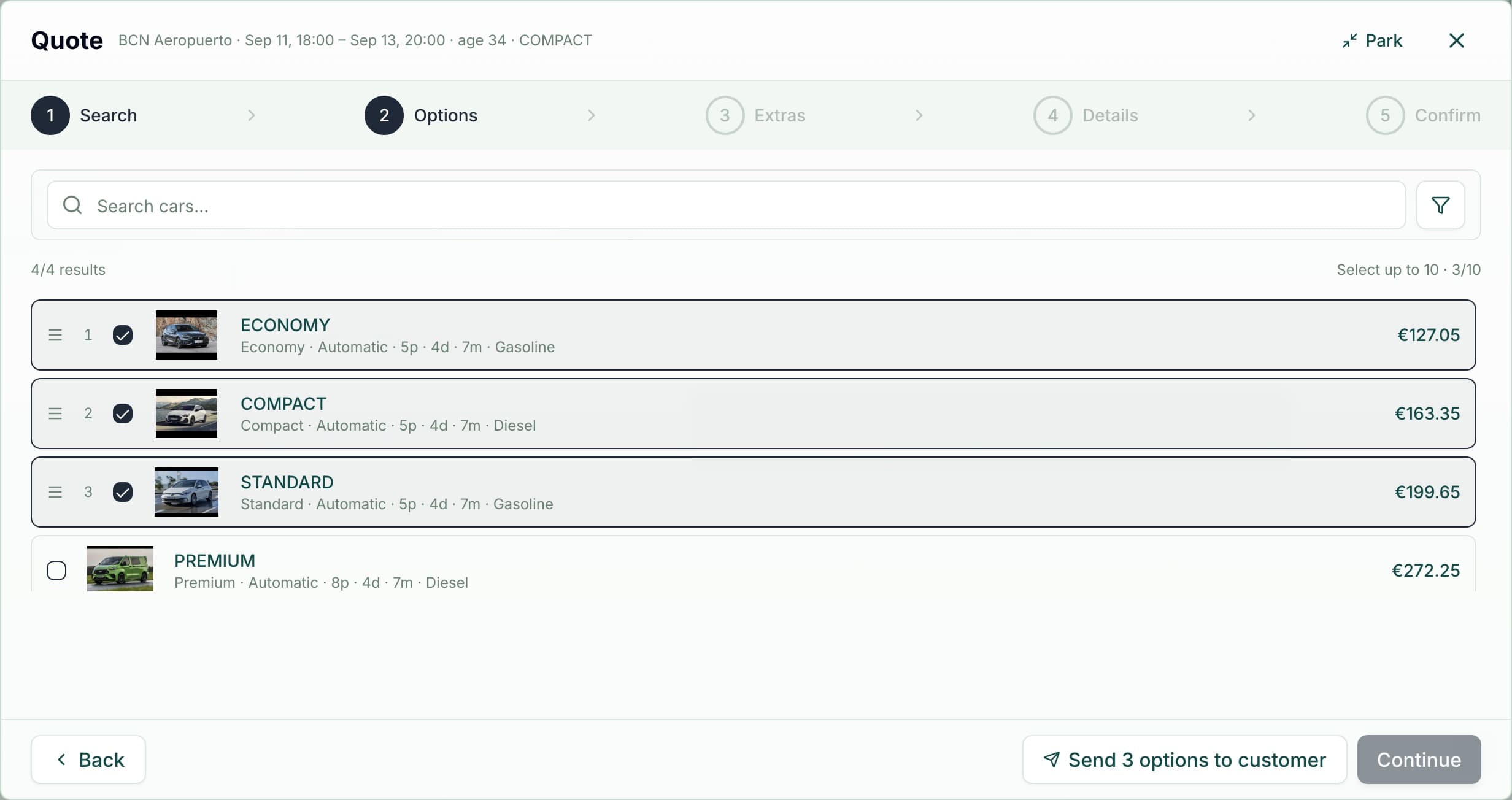 Bota Live Chat quote assistant open on the Options step: the five steps of the quote, four cars with their real price and three of them picked, and the buttons to send the options to the customer or carry on